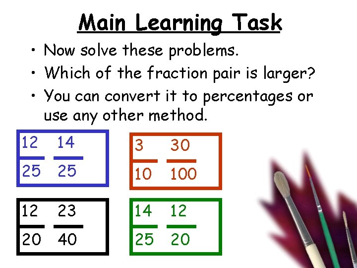 Main Learning Task • Now solve these problems. • Which of the fraction pair