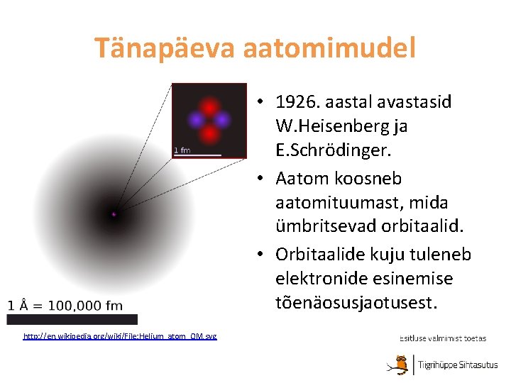 Tänapäeva aatomimudel • 1926. aastal avastasid W. Heisenberg ja E. Schrödinger. • Aatom koosneb