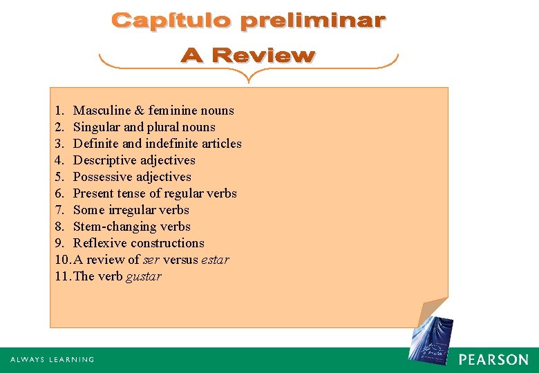 1. Masculine & feminine nouns 2. Singular and plural nouns 3. Definite and indefinite