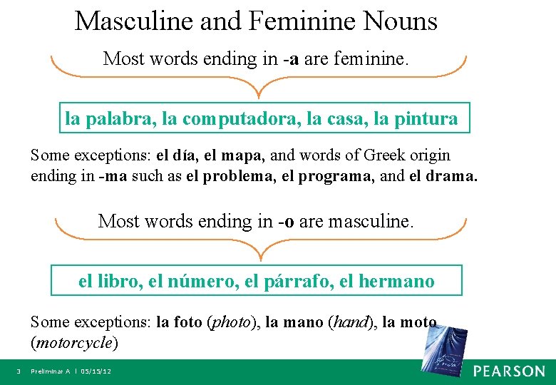 Masculine and Feminine Nouns Most words ending in -a are feminine. la palabra, la