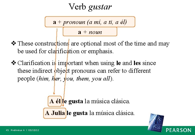 Verb gustar a + pronoun (a mí, a ti, a él) a + noun