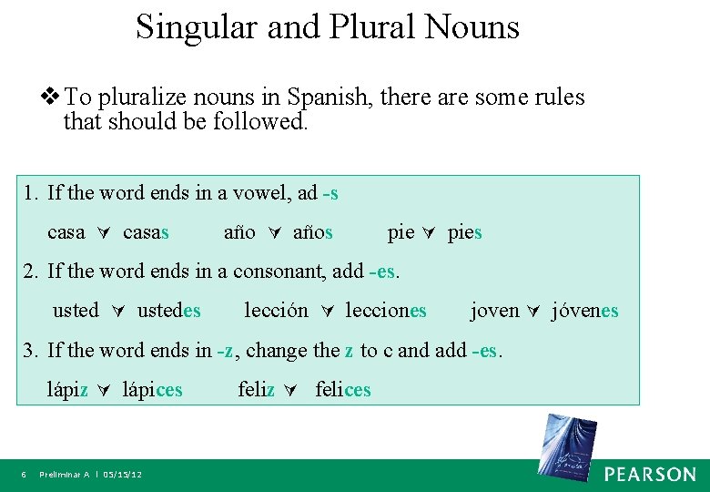 Singular and Plural Nouns v To pluralize nouns in Spanish, there are some rules