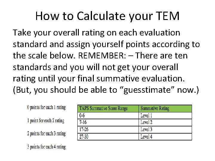 How to Calculate your TEM Take your overall rating on each evaluation standard and