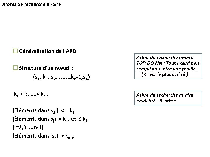 Arbres de recherche m-aire � Généralisation de l'ARB � Structure d'un nœud : (s