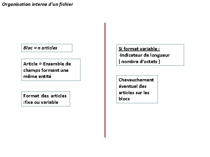 Organisation interne d’un fichier Bloc = n articles Article = Ensemble de champs formant