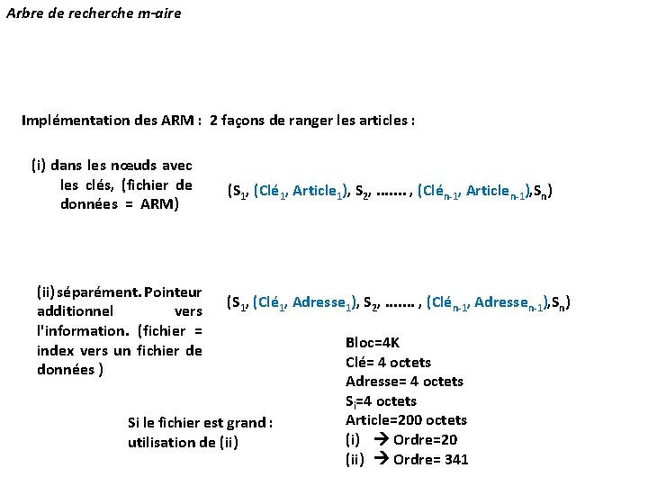 Arbre de recherche m-aire Implémentation des ARM : 2 façons de ranger les articles