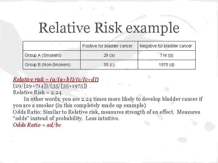 Relative Risk example Positive for bladder cancer Negative for bladder cancer Group A (Smokers)