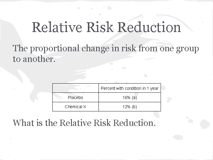Relative Risk Reduction The proportional change in risk from one group to another. Percent