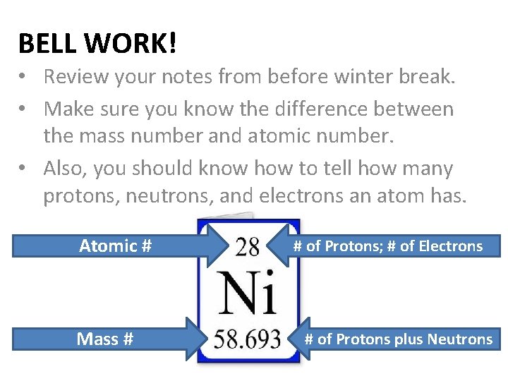 BELL WORK! • Review your notes from before winter break. • Make sure you