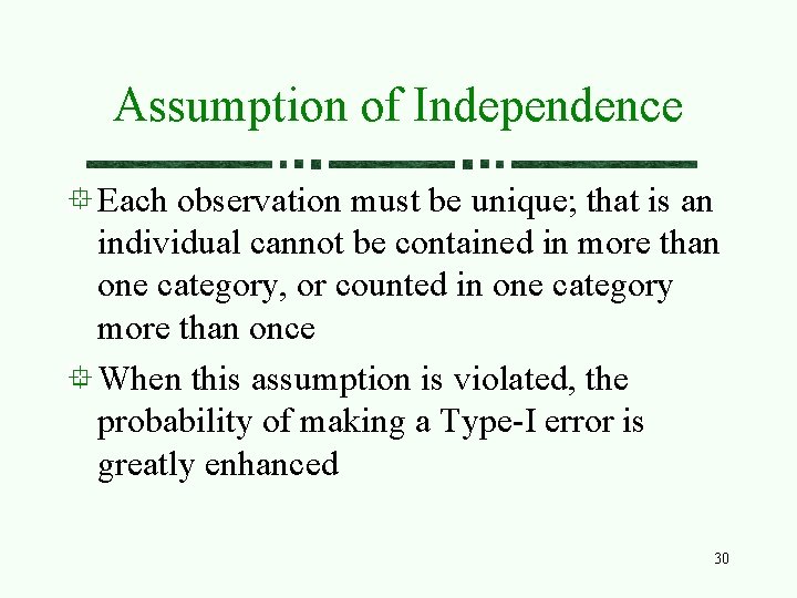 Assumption of Independence Each observation must be unique; that is an individual cannot be Assumption of Independence Each observation must be unique; that is an individual cannot be