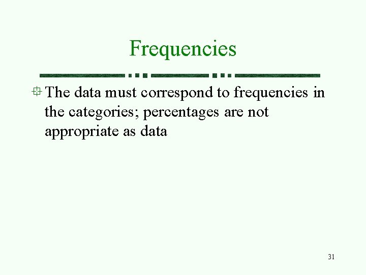 Frequencies The data must correspond to frequencies in the categories; percentages are not appropriate Frequencies The data must correspond to frequencies in the categories; percentages are not appropriate