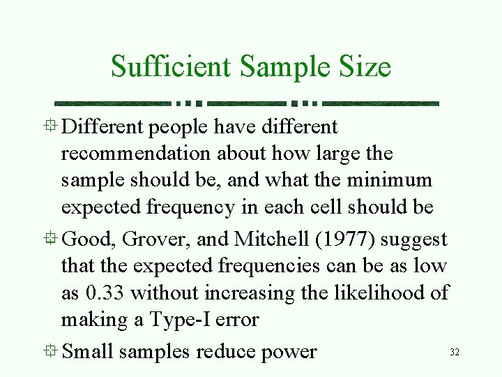 Sufficient Sample Size Different people have different recommendation about how large the sample should Sufficient Sample Size Different people have different recommendation about how large the sample should