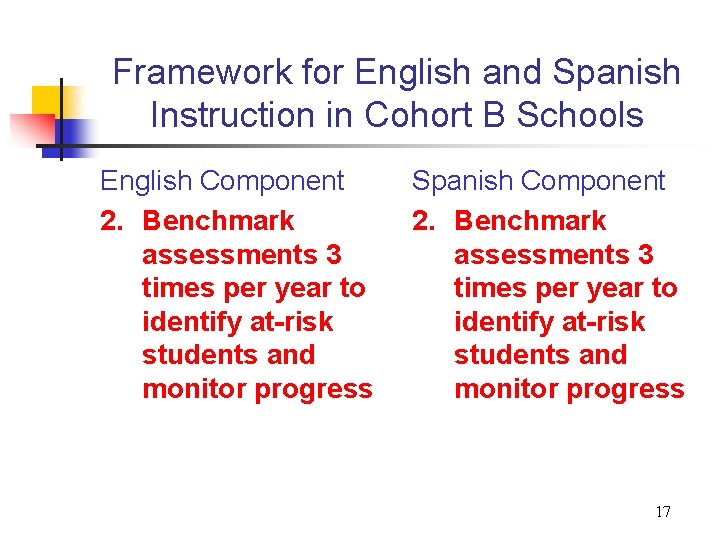 Framework for English and Spanish Instruction in Cohort B Schools English Component 2. Benchmark