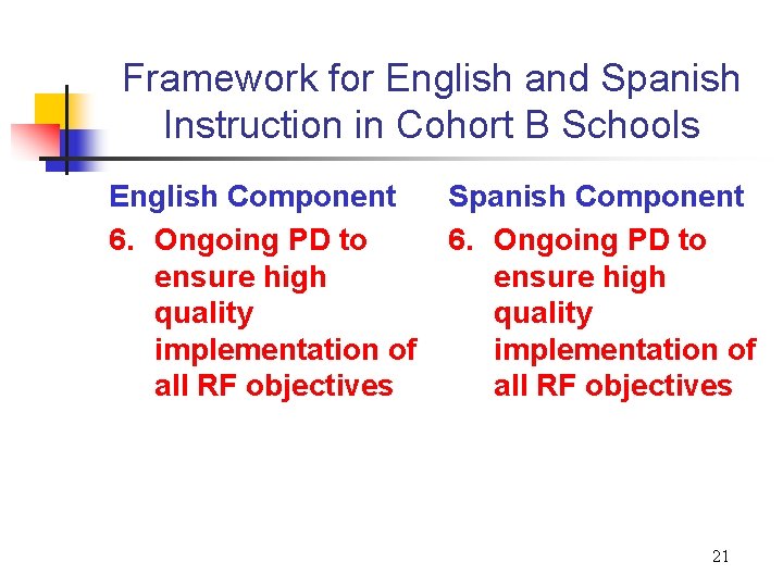 Framework for English and Spanish Instruction in Cohort B Schools English Component 6. Ongoing
