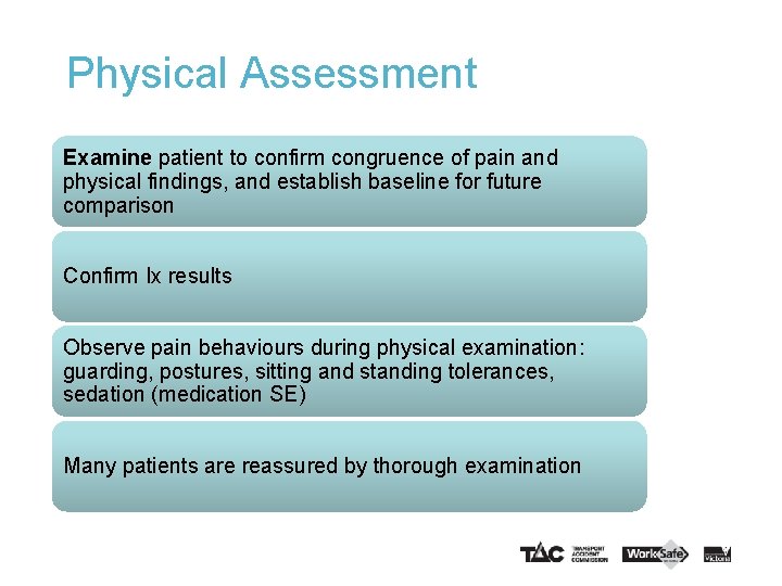 Physical Assessment Examine patient to confirm congruence of pain and physical findings, and establish