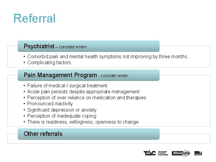 Referral Psychiatrist – consider when: • Comorbid pain and mental health symptoms not improving