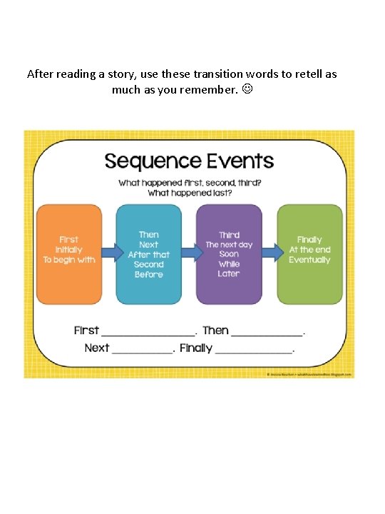 After reading a story, use these transition words to retell as much as you