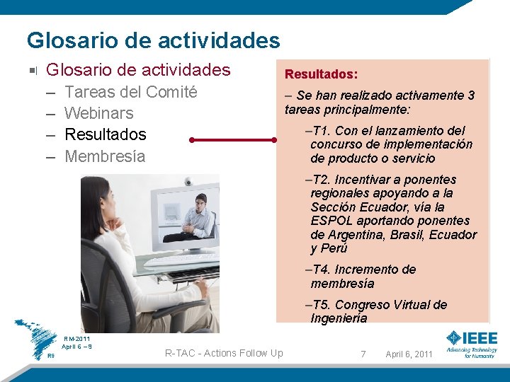 Glosario de actividades – – Tareas del Comité Webinars Resultados Membresía Resultados: – Se