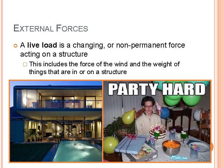 EXTERNAL FORCES A live load is a changing, or non-permanent force acting on a