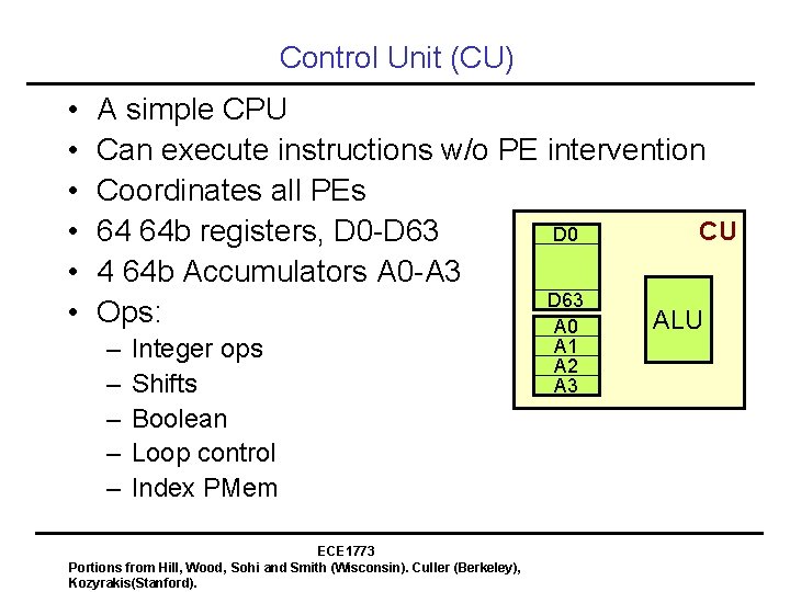 Control Unit (CU) • • • A simple CPU Can execute instructions w/o PE