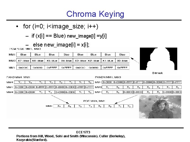 Chroma Keying • for (i=0; i<image_size; i++) – if (x[i] == Blue) new_image[i] =y[i]