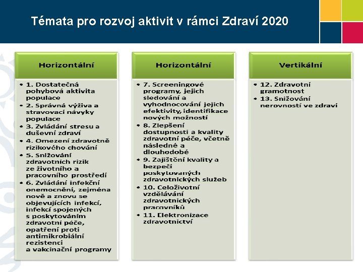 Témata pro rozvoj aktivit v rámci Zdraví 2020 