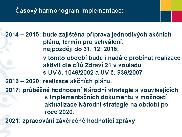 Časový harmonogram implementace: 2014 – 2015: bude zajištěna příprava jednotlivých akčních plánů, termín pro