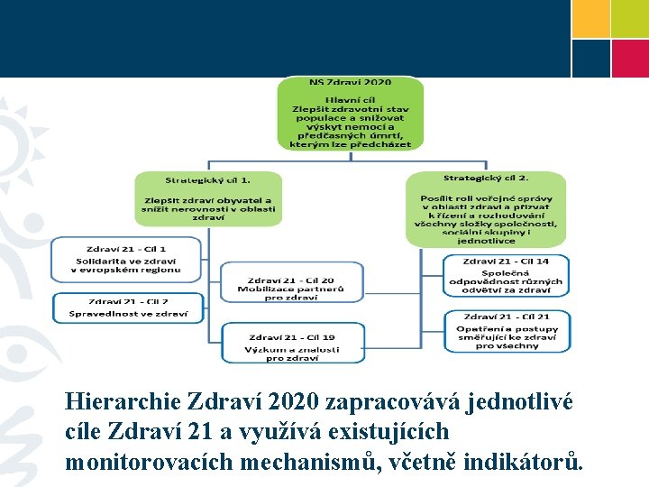 Hierarchie Zdraví 2020 zapracovává jednotlivé cíle Zdraví 21 a využívá existujících monitorovacích mechanismů, včetně