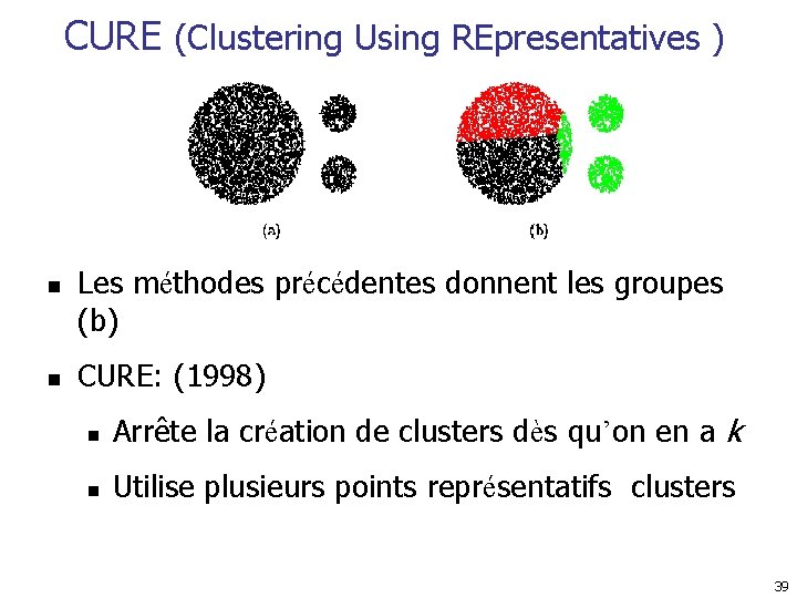 CURE (Clustering Using REpresentatives ) n n Les méthodes précédentes donnent les groupes (b)