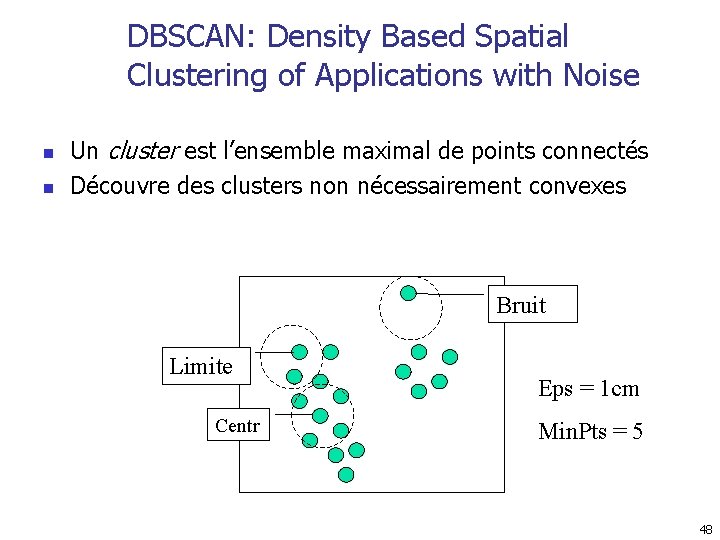 DBSCAN: Density Based Spatial Clustering of Applications with Noise n n Un cluster est