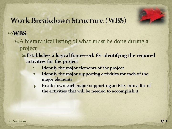 Work Breakdown Structure (WBS) WBS A hierarchical listing of what must be done during