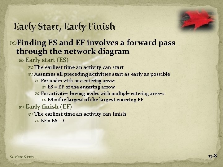 Early Start, Early Finish Finding ES and EF involves a forward pass through the