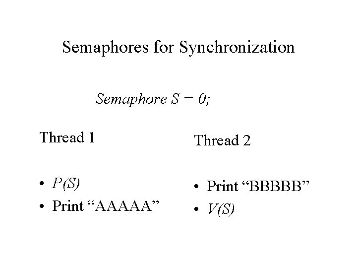 Semaphores for Synchronization Semaphore S = 0; Thread 1 Thread 2 • P(S) •