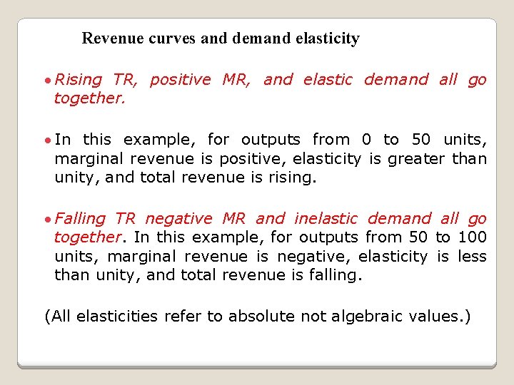 Revenue curves and demand elasticity · Rising TR, positive MR, and elastic demand all