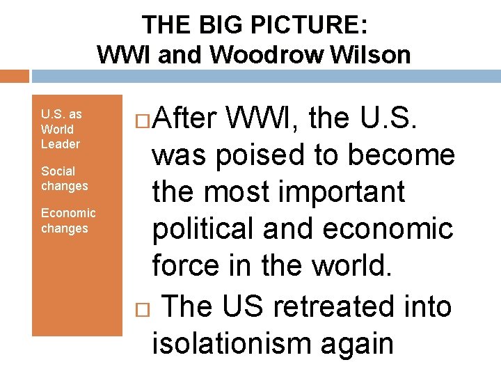 THE BIG PICTURE: WWI and Woodrow Wilson U. S. as World Leader Social changes