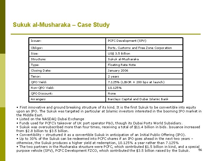 Sukuk al-Musharaka – Case Study Issuer: PCFC Development (SPV) Obligor: Ports, Customs and Free