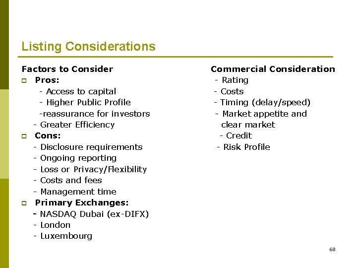 Listing Considerations Factors to Consider p Pros: - Access to capital - Higher Public