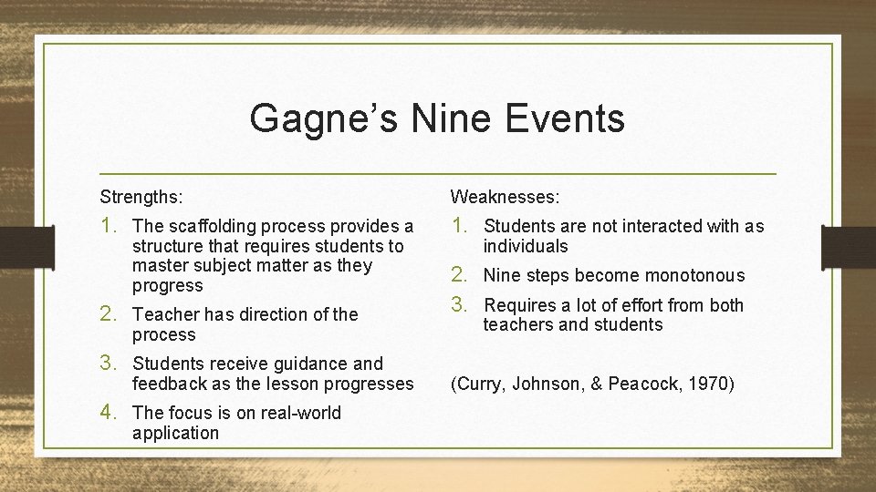 Gagne’s Nine Events Strengths: Weaknesses: 1. The scaffolding process provides a 1. Students are