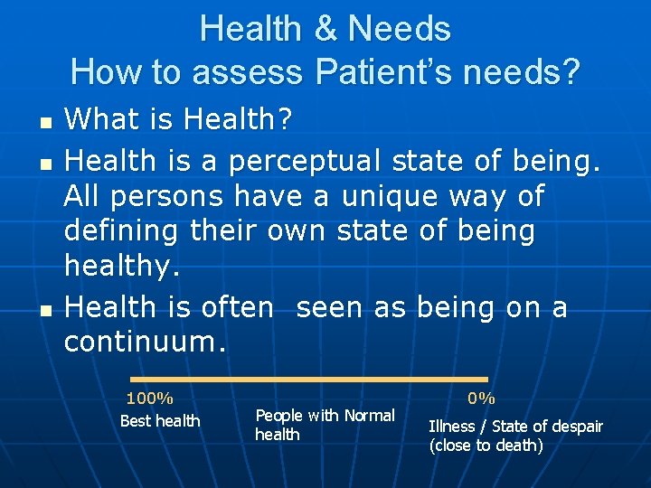 Health & Needs How to assess Patient’s needs? n n n What is Health?