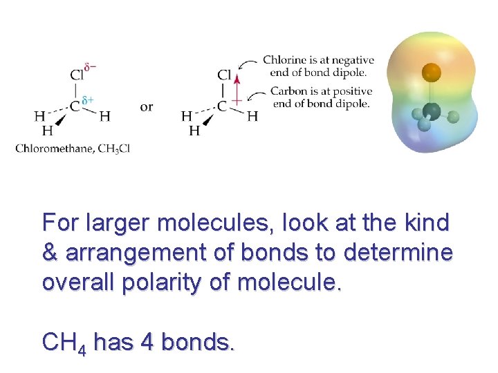 For larger molecules, look at the kind & arrangement of bonds to determine overall