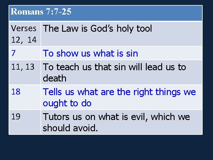 Romans 7: 7 -25 Verses The Law is God’s holy tool 12, 14 7