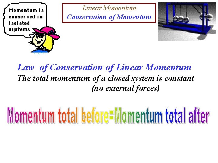 Linear Momentum Conservation of Momentum Law of Conservation of Linear Momentum The total momentum