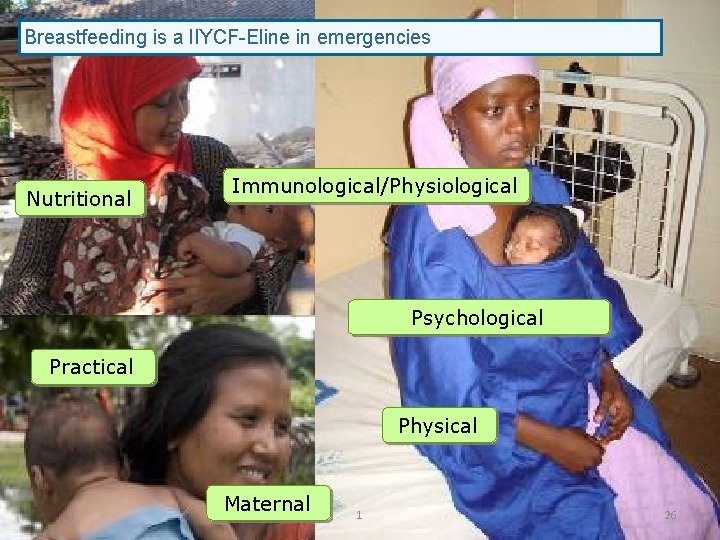 Breastfeeding is a l. IYCF-Eline in emergencies Nutritional Immunological/Physiological Psychological Practical Physical Maternal 1 Breastfeeding is a l. IYCF-Eline in emergencies Nutritional Immunological/Physiological Psychological Practical Physical Maternal 1