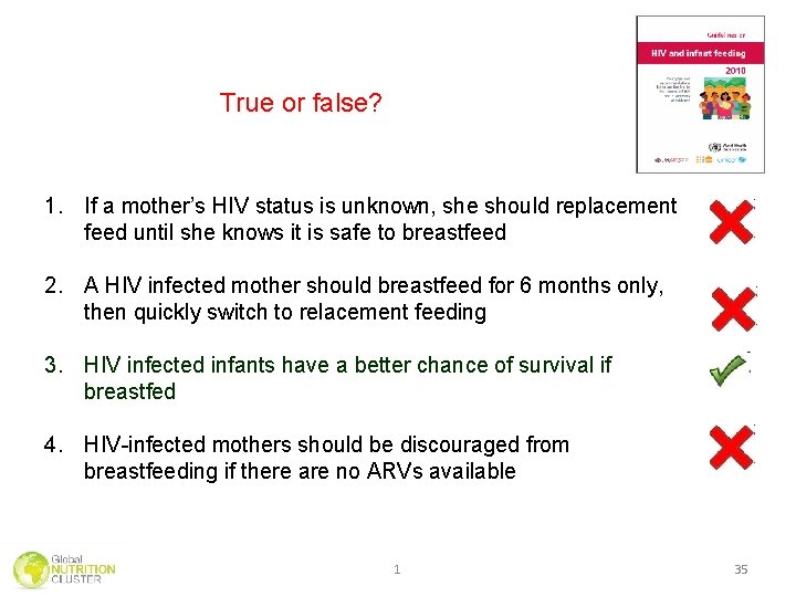 True or false? 1. If a mother’s HIV status is unknown, she should replacement True or false? 1. If a mother’s HIV status is unknown, she should replacement