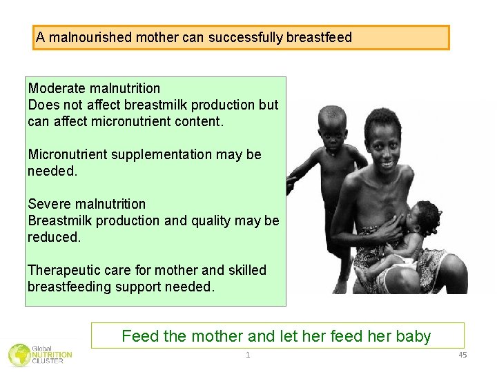 A malnourished mother can successfully breastfeed Moderate malnutrition Does not affect breastmilk production but A malnourished mother can successfully breastfeed Moderate malnutrition Does not affect breastmilk production but