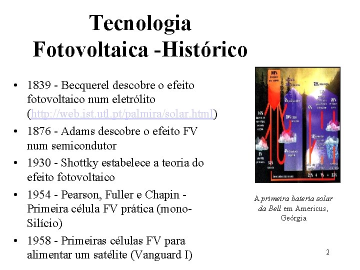 Tecnologia Fotovoltaica -Histórico • 1839 - Becquerel descobre o efeito fotovoltaico num eletrólito (http: