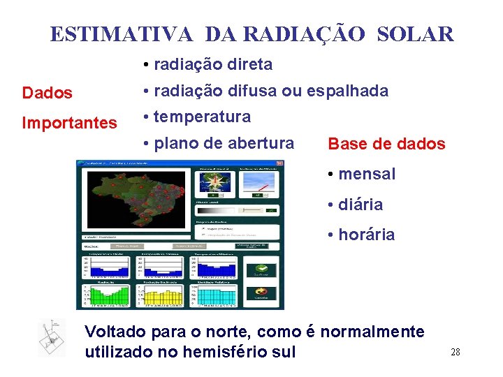 ESTIMATIVA DA RADIAÇÃO SOLAR • radiação direta Dados • radiação difusa ou espalhada Importantes