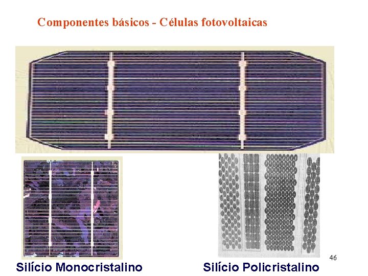 Componentes básicos - Células fotovoltaicas Silício Monocristalino Silício Policristalino 46 