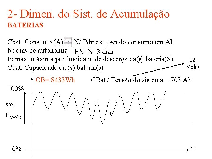 2 - Dimen. do Sist. de Acumulação BATERIAS Cbat=Consumo (A) N/ Pdmax , sendo