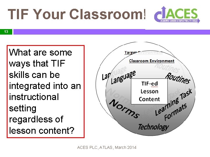 TIF Your Classroom! 13 What are some ways that TIF skills can be integrated